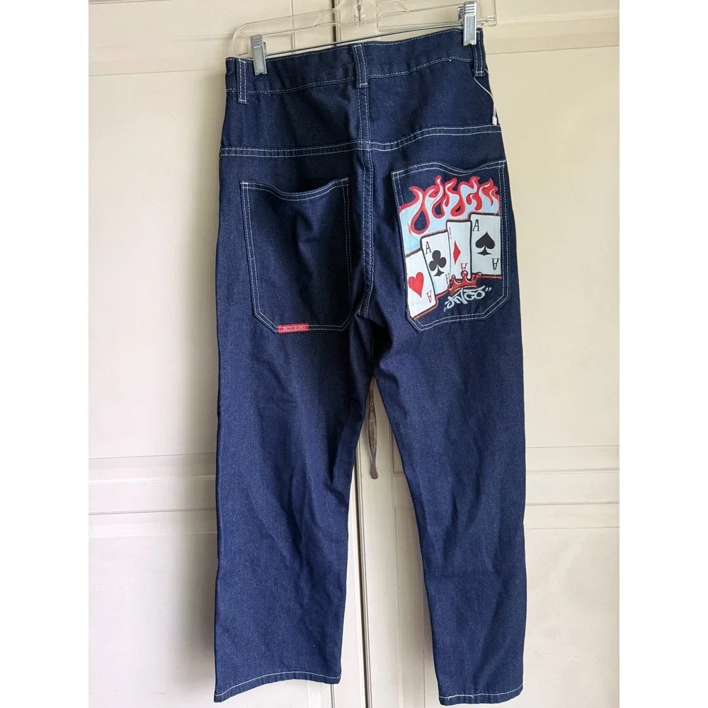 JNCO‎ Jeans Mens Dark Wash Wide Leg Baggy Denim Four Aces Flame Graphic 90s Y2K